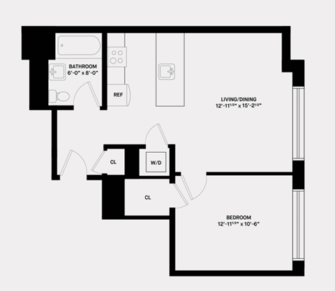 Floor plan for 1 bed, 1 bath, 582 sqft