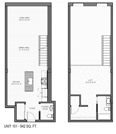 Floor plan for 1 bed, 1.5 baths, 942 sqft