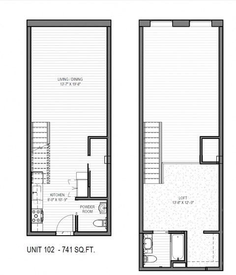 Floor plan for 1 bed, 1.5 baths, 741 sqft
