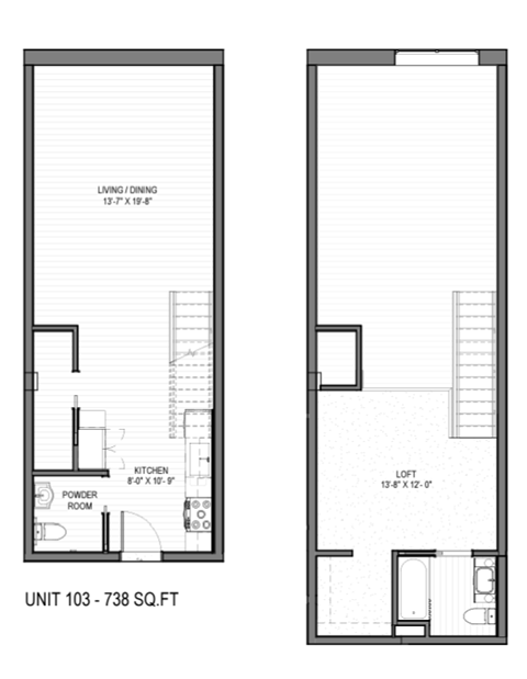Floor plan for 1 bed, 1.5 baths, 738 sqft