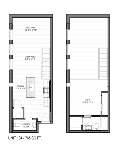 Floor plan for 1 bed, 1.5 baths, 765 sqft