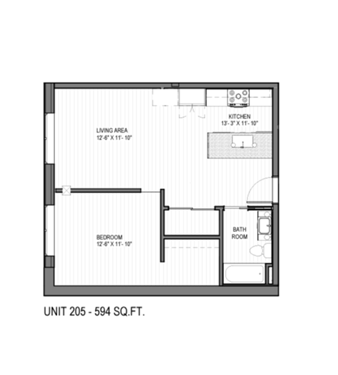 Floor plan for 1 bed, 1 bath, 594 sqft