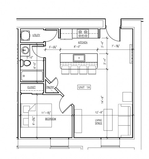 Floor plan for 1 bed, 1 bath, 588 sqft