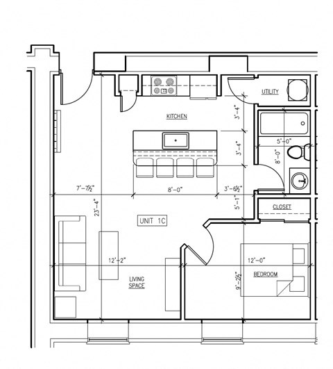 Floor plan for 1 bed, 1 bath, 597 sqft