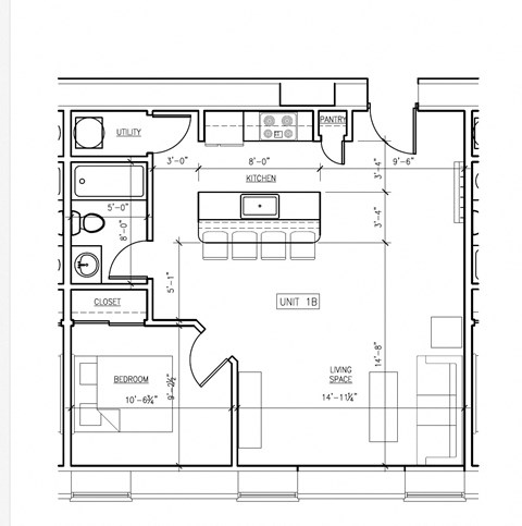 Floor plan for 1 bed, 1 bath, 621 sqft