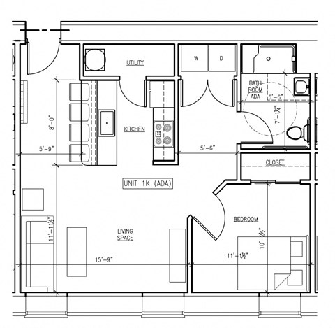 Floor plan for 1 bed, 1 bath, 632 sqft