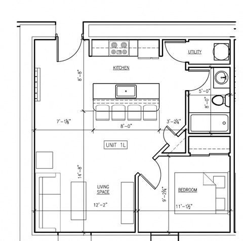 Floor plan for 1 bed, 1 bath, 576 sqft