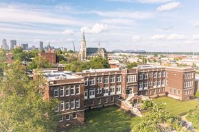 St. Louis apartment for rent - an aerial view of the physics building and the city