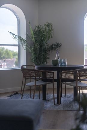 St. Louis apartment for rent - a dining room with a table and chairs and a plant