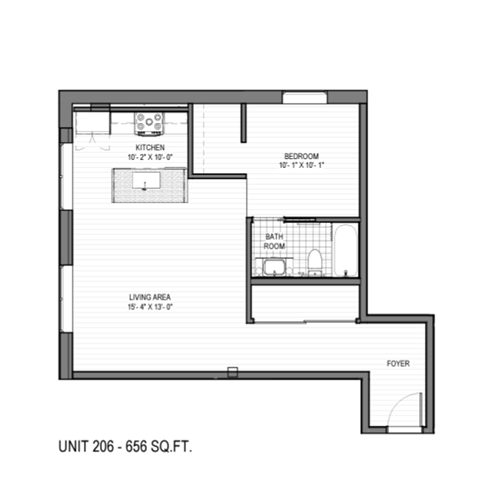 Floor plan for 1 bed, 1 bath, 656 sqft