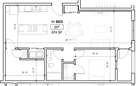 Floor plan for 1 bed, 1 bath, 802 sqft
