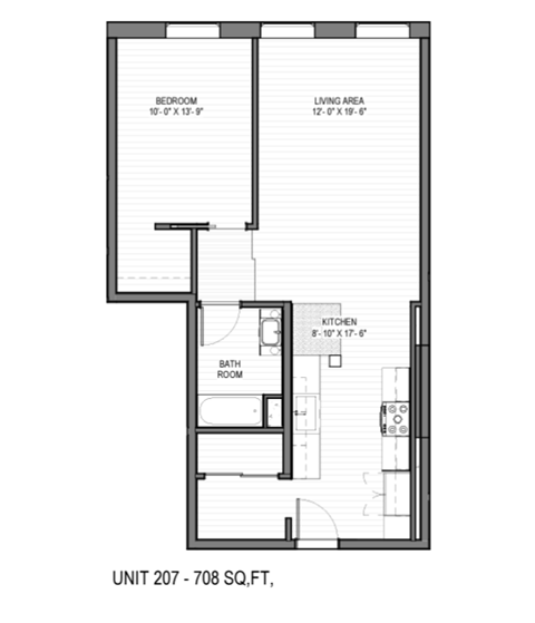 Floor plan for 1 bed, 1 bath, 708 sqft