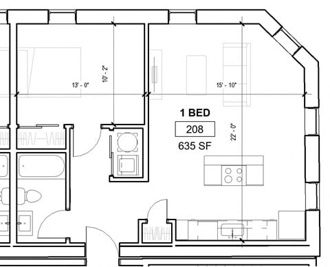 Floor plan for 1 bed, 1 bath, 635 sqft
