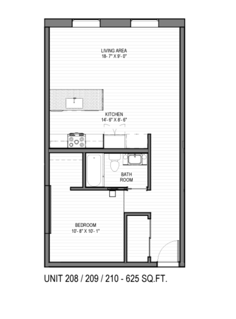 Floor plan for 1 bed, 1 bath, 625 sqft