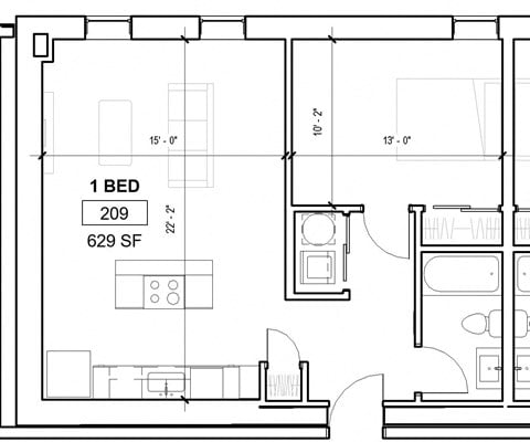 Floor plan for 1 bed, 1 bath, 635 sqft