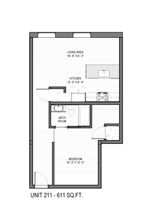 Floor plan for 1 bed, 1 bath, 611 sqft
