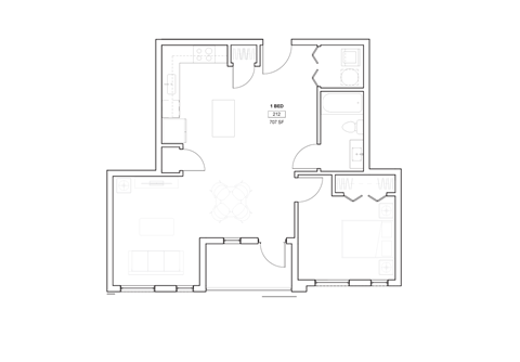 Floor plan for 1 bed, 1 bath, 736 sqft