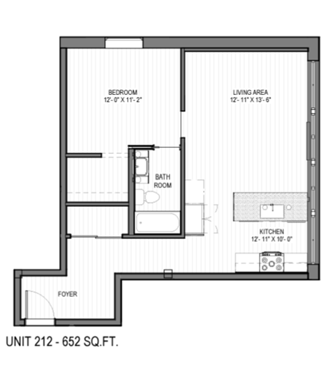 Floor plan for 1 bed, 1 bath, 652 sqft