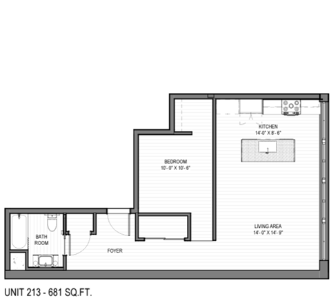 Floor plan for 1 bed, 1 bath, 681 sqft