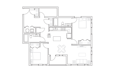Floor plan for 2 beds, 2 baths, 1085 sqft