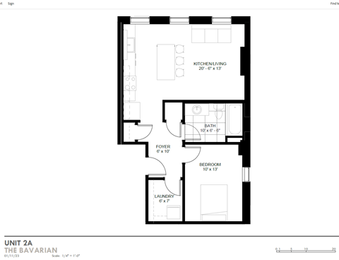 Floor plan for 1 bed, 1 bath, 580 sqft