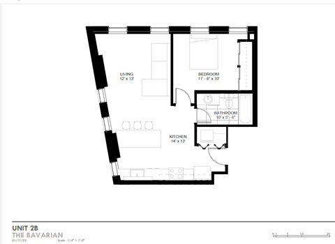 Floor plan for 1 bed, 1 bath, 580 sqft