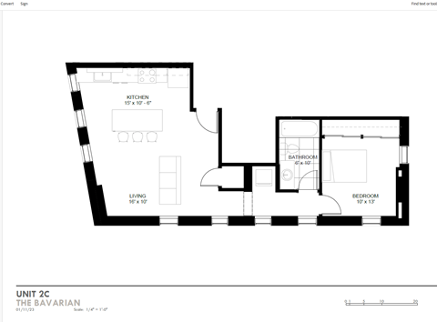 Floor plan for 1 bed, 1 bath, 610 sqft