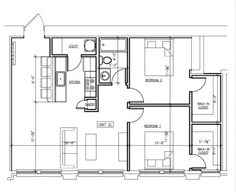 Floor plan for 2 beds, 1 bath, 864 sqft