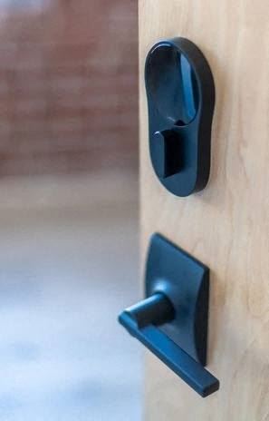 A wooden door with black handles and a black handle