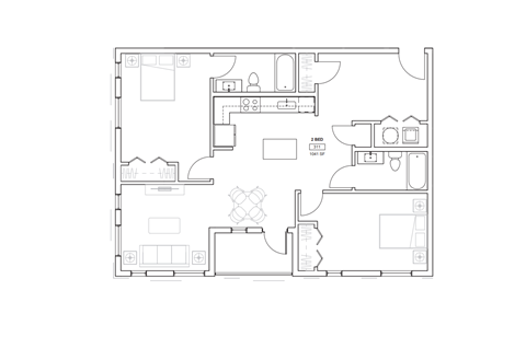 Floor plan for 2 beds, 2 baths, 997 sqft