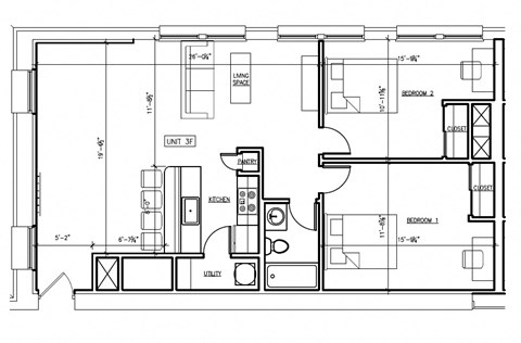 Floor plan for 2 beds, 1 bath, 1015 sqft