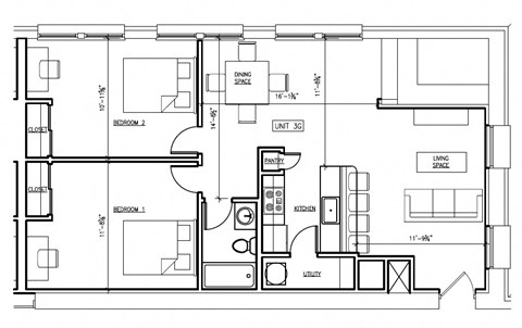 Floor plan for 2 beds, 1 bath, 960 sqft