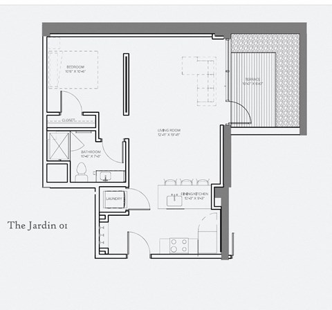 Floor plan for 1 bed, 1 bath, 708 sqft