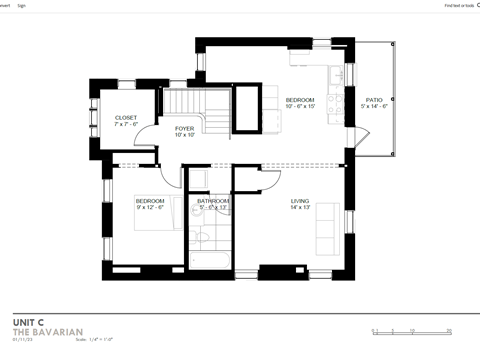 Floor plan for 1 bed, 1 bath, 720 sqft