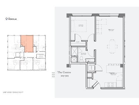 Floor plan for 1 bed, 1 bath, 621 sqft