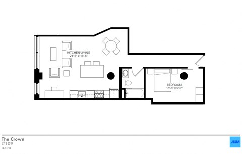 Floor plan for 1 bed, 1 bath, 651 sqft