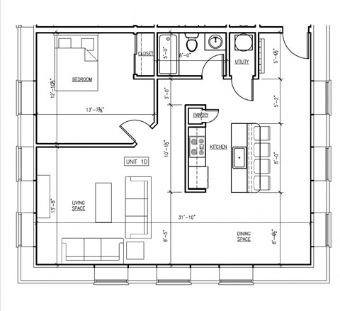Floor plan for 2 beds, 1 bath, 864 sqft