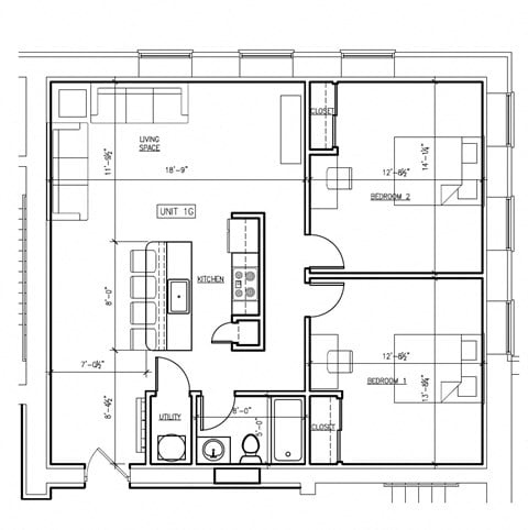 Floor plan for 2 beds, 1 bath