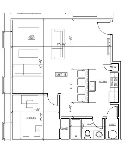 Floor plan for 1 bed, 1 bath, 722 sqft