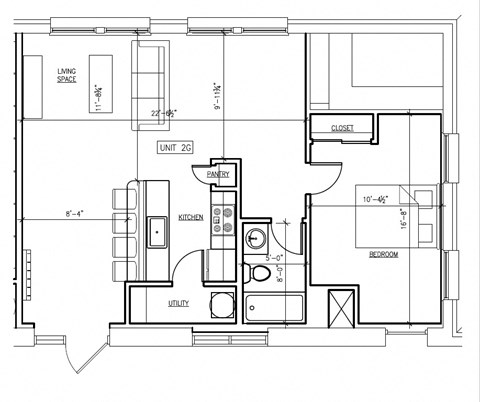 Floor plan for 1 bed, 1 bath