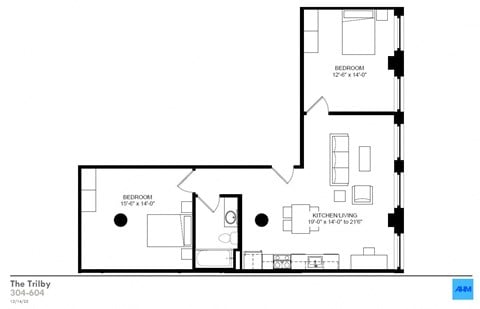 Floor plan for 2 beds, 1 bath, 918 sqft