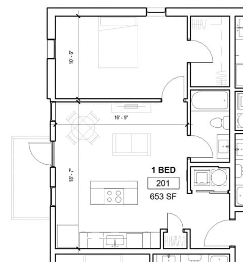 Floor plan for 1 bed, 1 bath, 653 sqft