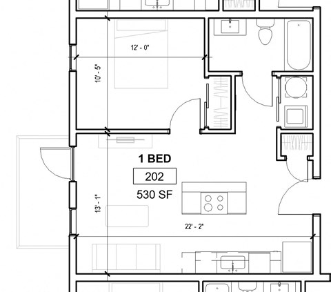 Floor plan for 1 bed, 1 bath, 653 sqft