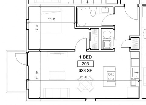 Floor plan for 1 bed, 1 bath, 653 sqft