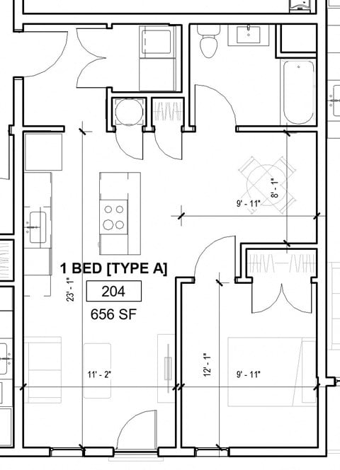 Floor plan for 1 bed, 1 bath