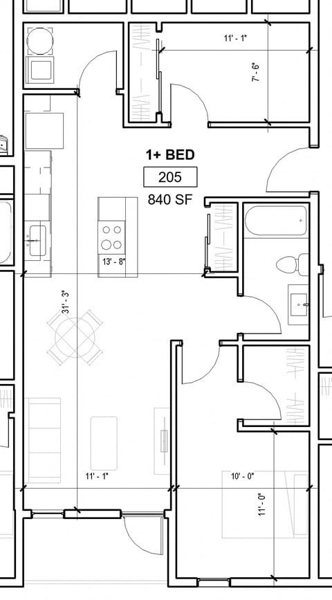 Floor plan for 1 bed, 1 bath, 839 sqft
