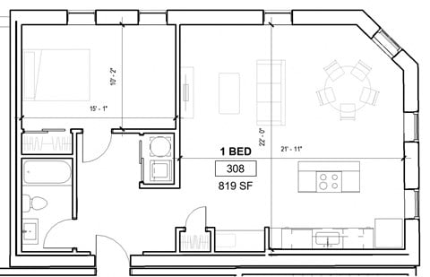 Floor plan for 1 bed, 1 bath, 819 sqft