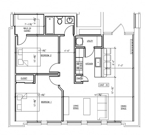 Floor plan for 2 beds, 1 bath, 891 sqft