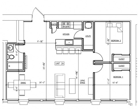 Floor plan for 2 beds, 1 bath, 868 sqft