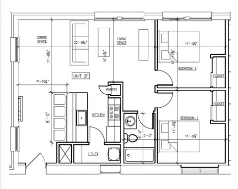 Floor plan for 2 beds, 1 bath, 732 sqft